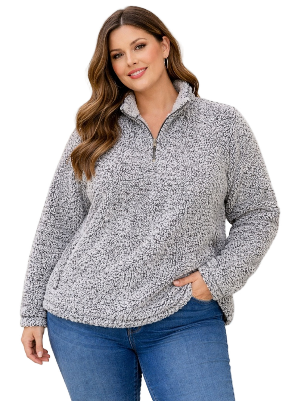 time and true blue and white fuzzy teddy pull over sweater